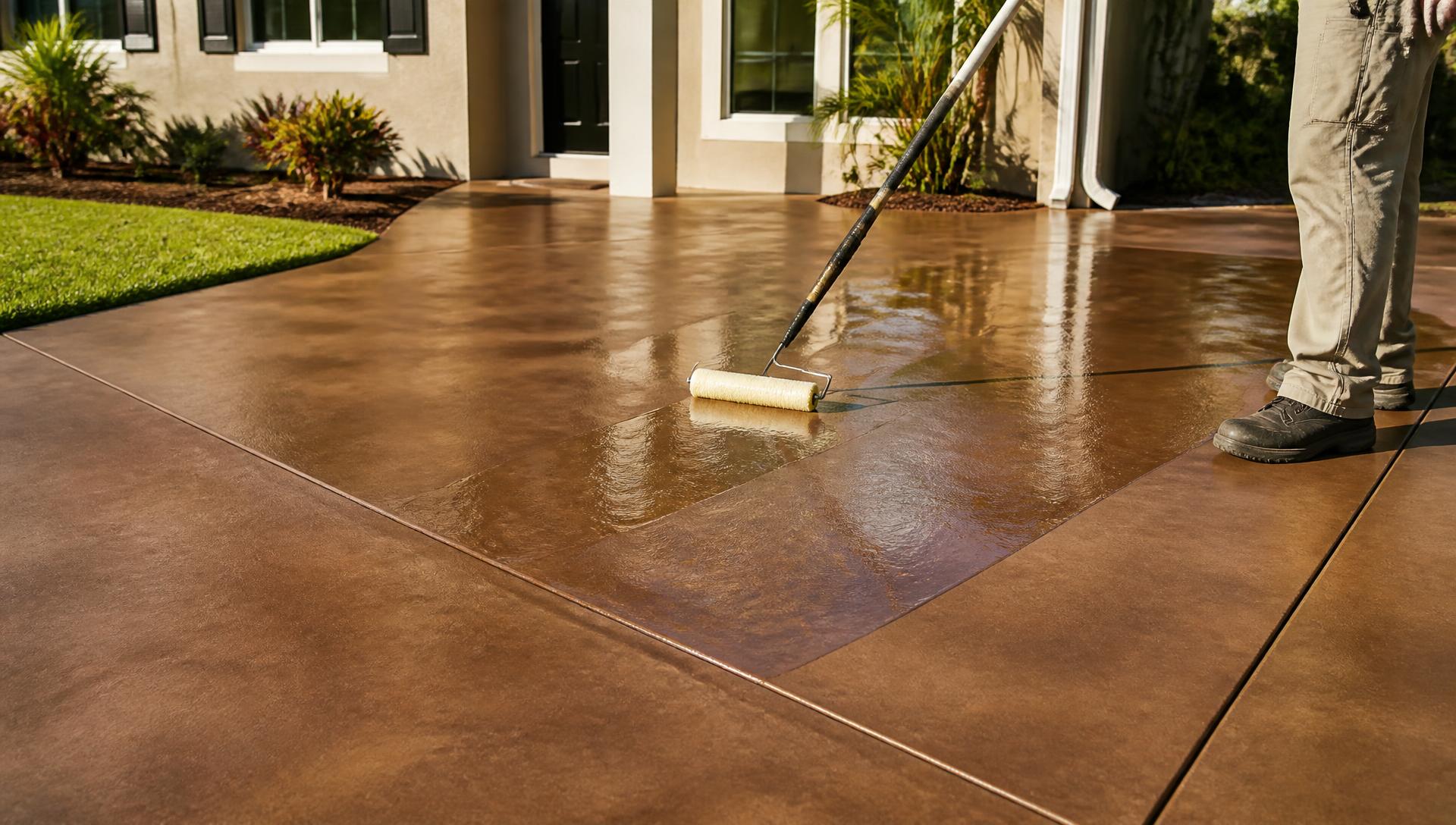 Contractor rolling a clear sealer onto a stained concrete driveway in Lake City, Florida