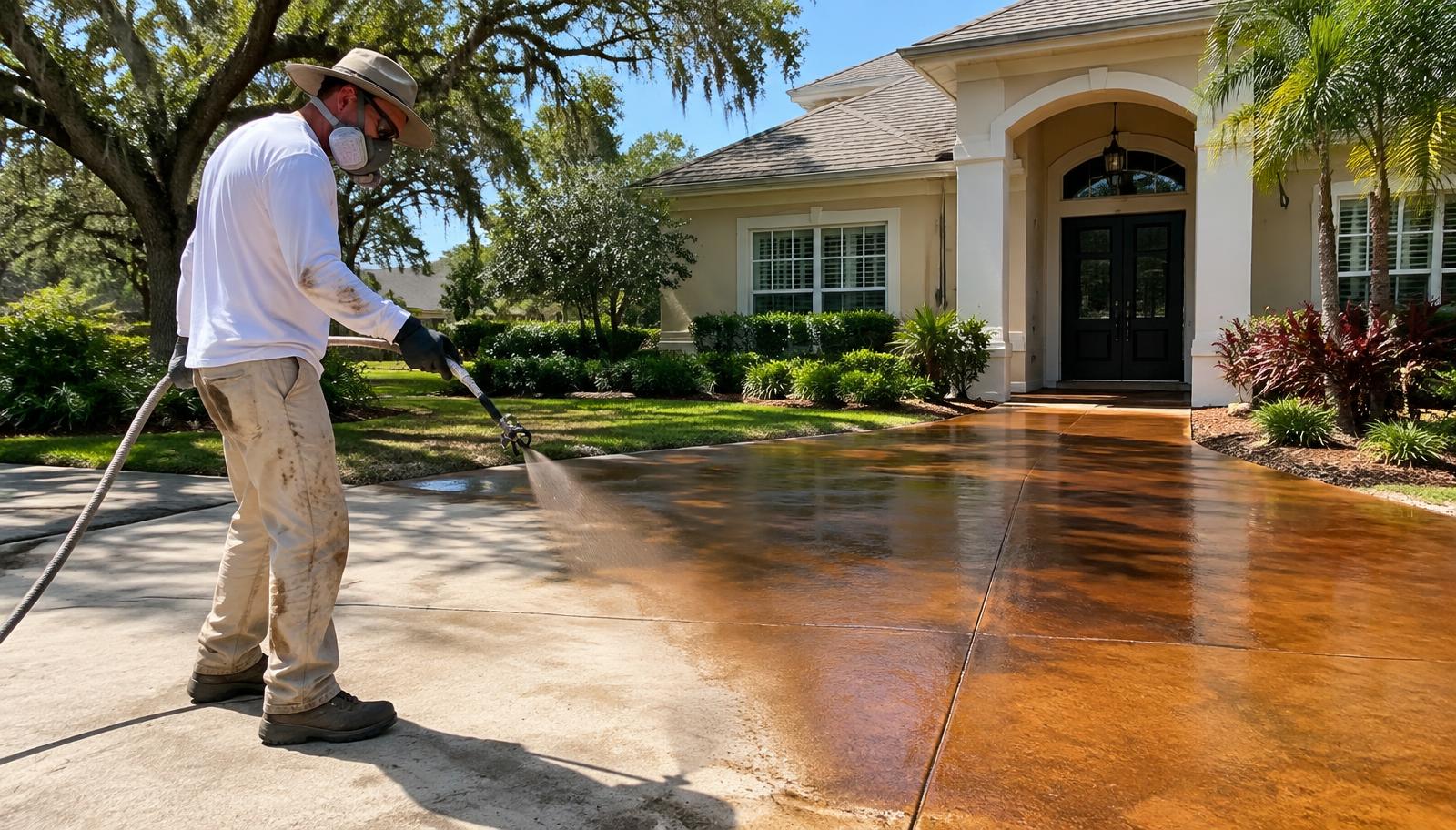 Glossy amber stained concrete pool deck at a Gainesville, Florida home