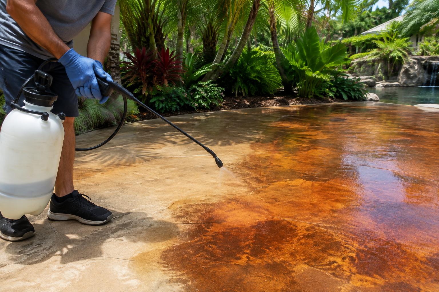 Technician spraying amber concrete stain onto a prepared backyard patio slab in Florida