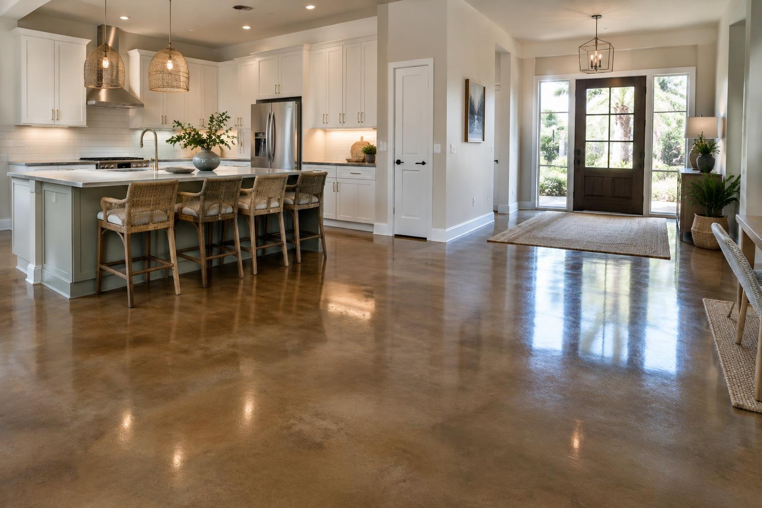 Sealed earth-tone stained concrete floor in an open kitchen and entry of a Florida home