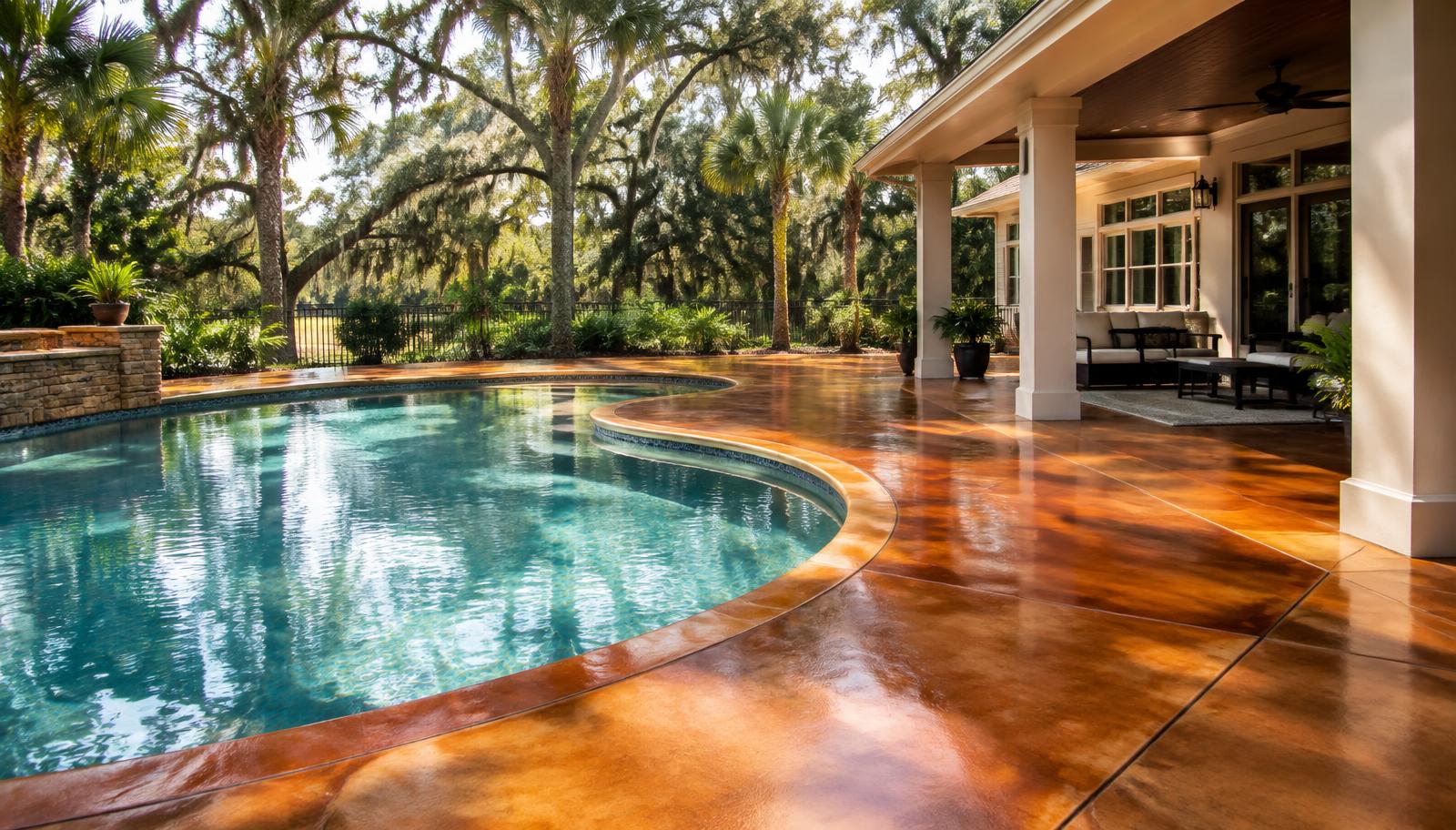 Glossy amber stained concrete pool deck at a Gainesville, Florida home