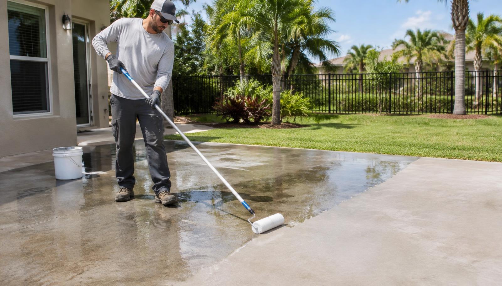Freshly sealed glossy concrete driveway at a Lake City, Florida home