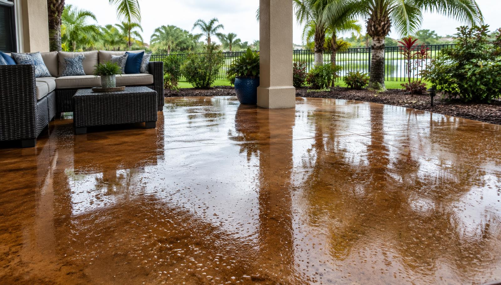 Water beading on a freshly sealed stained concrete patio in Lake City, FL