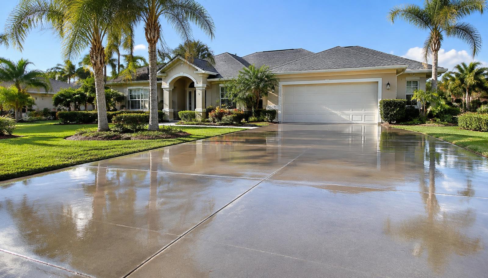 Freshly sealed glossy concrete driveway at a Lake City, Florida home