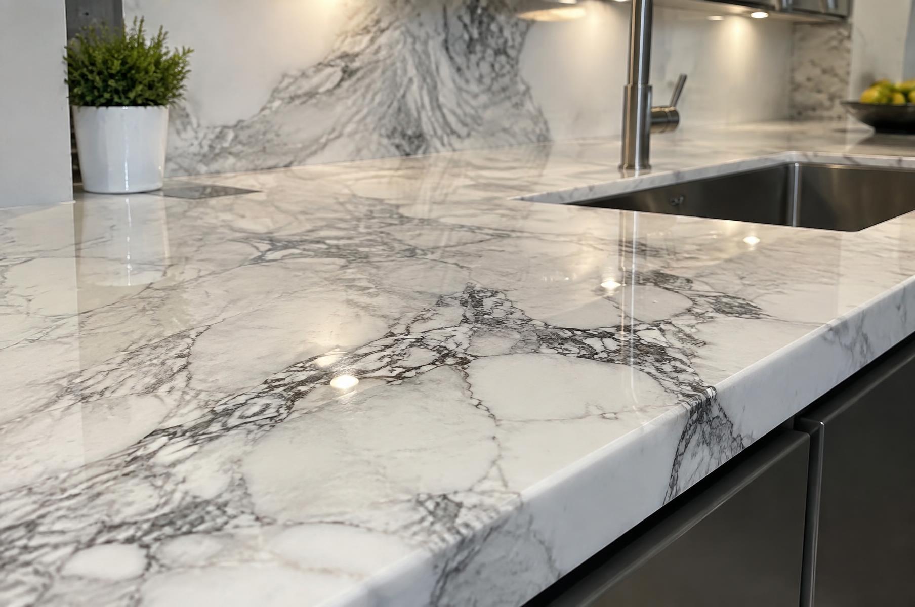 White marble-look epoxy kitchen countertops in St. Augustine, FL
