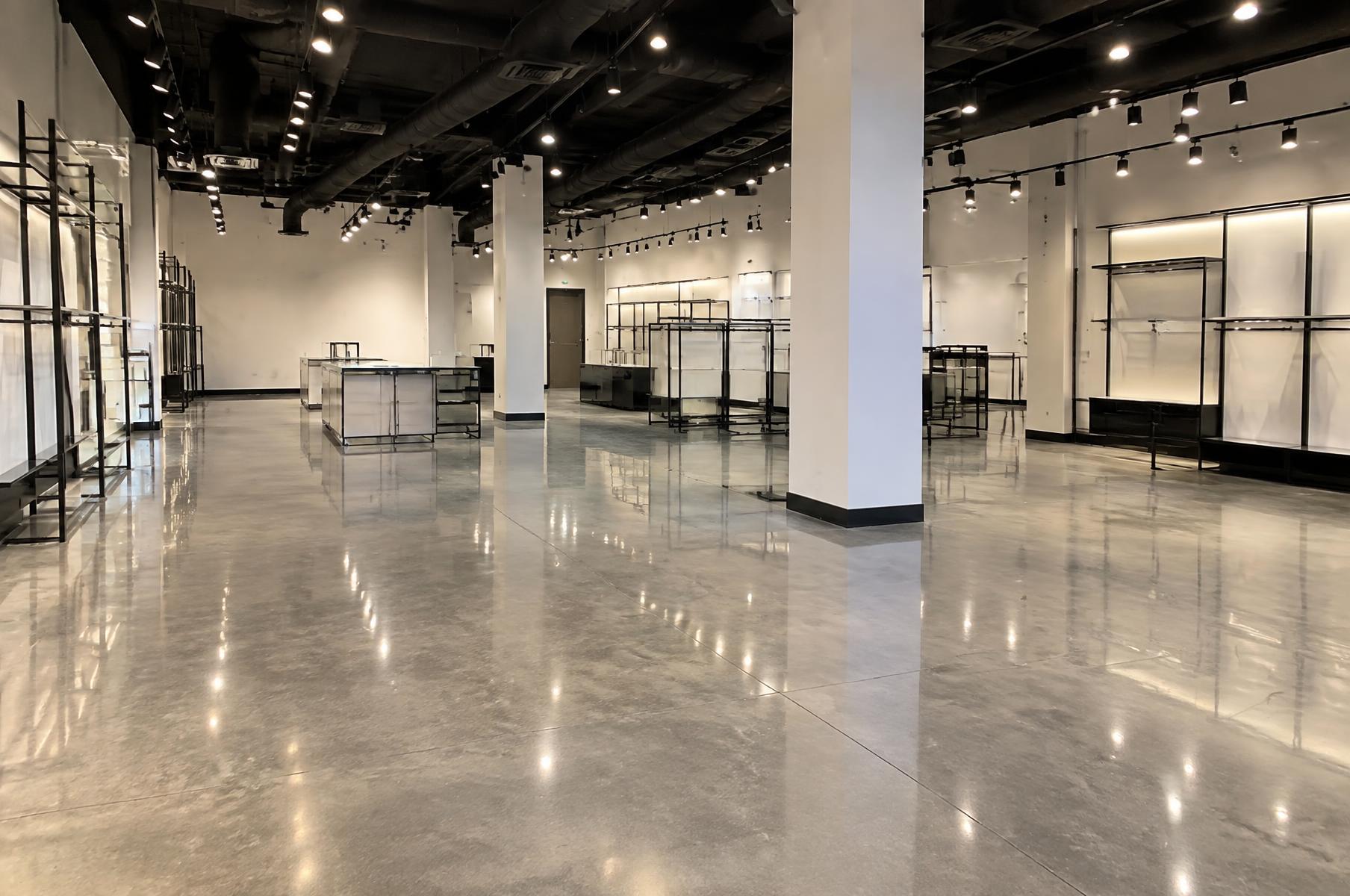 Light grey high-gloss retail showroom floor coating in Alachua, FL